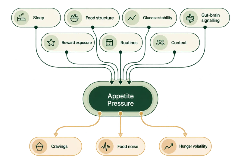 Sleep, food structure, glucose stability, gut-brain signalling, reward exposure, routines and context feed into appetite pressure, which can contribute to cravings, food noise and hunger volatility.