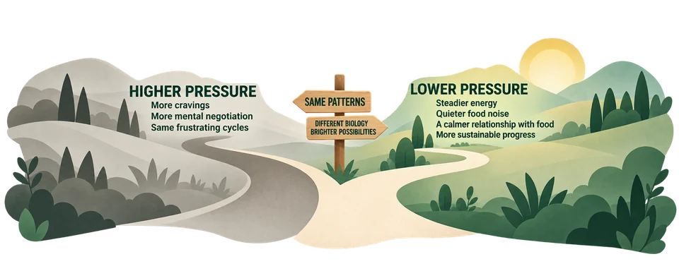 A forked path contrasts higher pressure, with more cravings, mental negotiation and frustrating cycles, against lower pressure, with steadier energy, quieter food noise, a calmer relationship with food and more sustainable progress. The signpost contrasts the same patterns with different biology and brighter possibilities.