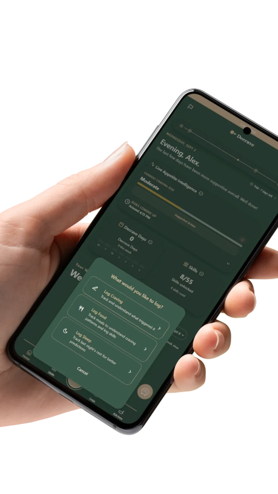 Decrave app on a phone, showing options to log a craving, food or sleep.