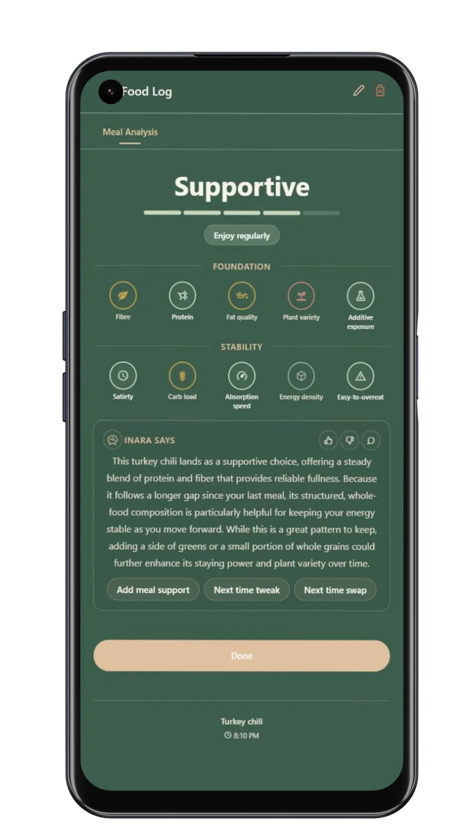 Decrave meal analysis showing how a meal may support appetite.
