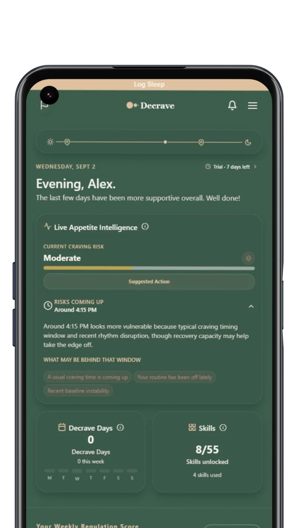 Decrave appetite intelligence screen showing current craving risk and a predicted vulnerable time.